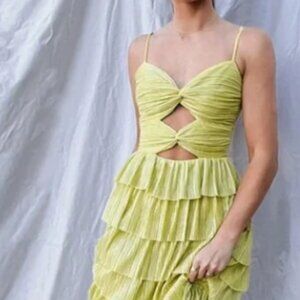 Gianni Bini Metallic Plisse Sweetheart Neck Cut-Out Tiered Dress